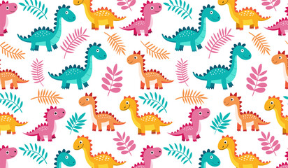 cute dinosaurs and tropical leaves. Children's colorful print for children's fabric, covers. Seamless background