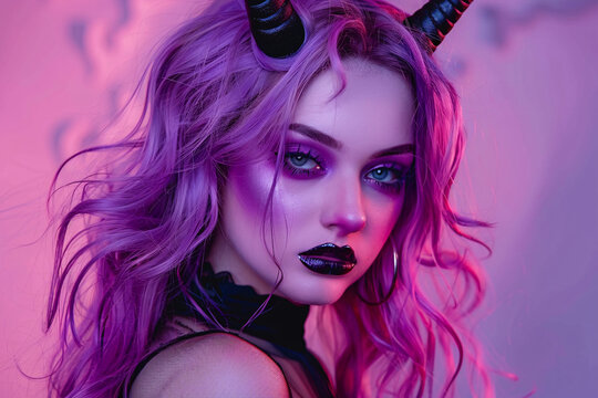 Young beautiful woman with Halloween costume devil horns and purple hair and makeup