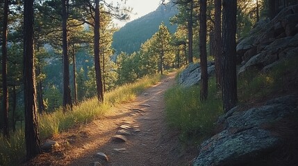 Obraz premium Rocky mountain trail surrounded by tall pines