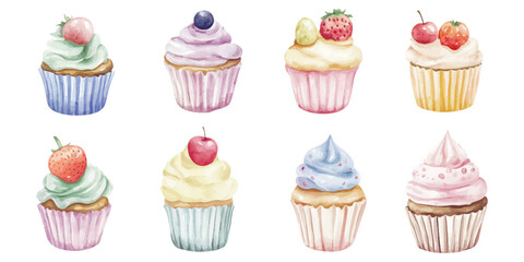 Cute, colorful cupcakes in various illustrated with soft watercolor on a white background.