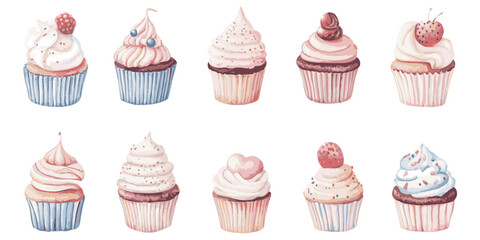 Cute, colorful cupcakes in various illustrated with soft watercolor on a white background.