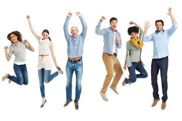 Obraz premium Happy, jump and portrait of people in studio for team building, collaboration and job success. Employee, smile and excited with celebration for partnership, achievement or winning on white background
