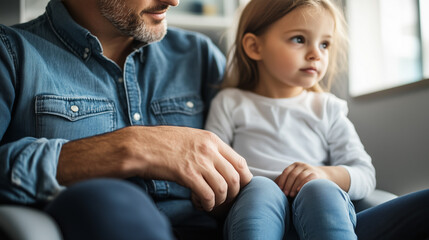 Fototapeta premium A man and a little girl are sitting on a couch