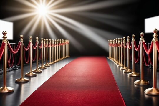 Beautiful lights blink over the red carpet podium on New Year's Eve, reflecting in the celebrate events