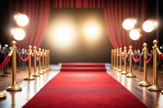 Beautiful lights blink over the red carpet podium on New Year's Eve, reflecting in the celebrate events