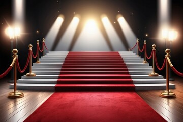 Beautiful spotlights over the red carpet podium on New Year's Eve, reflecting in the celebrate events