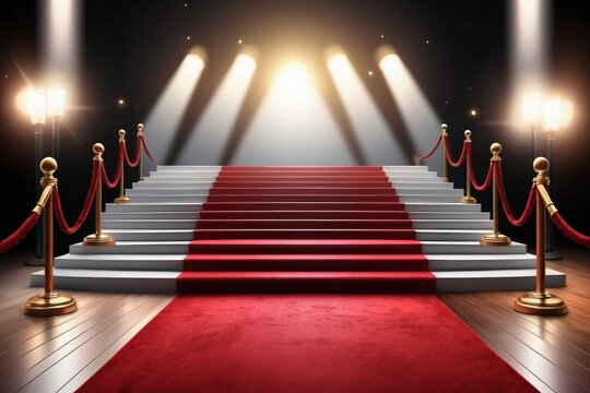 Beautiful spotlights over the red carpet podium on New Year's Eve, reflecting in the celebrate events