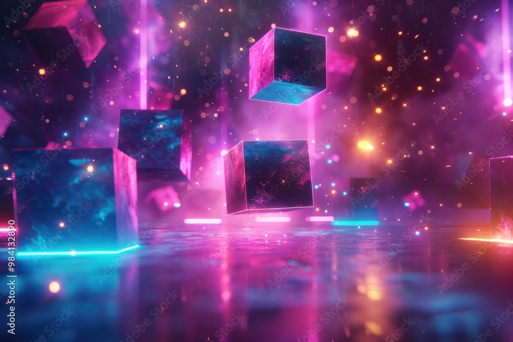 Poster a colorful scene of floating cubes in a space-like environment