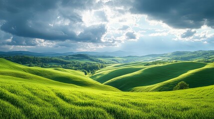 Obraz premium Rolling hills covered in lush green grass under a cloudy