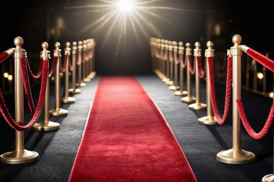Beautiful lights blink over the red carpet podium on New Year's Eve, reflecting in the celebrate events