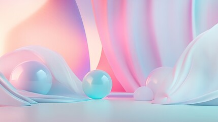 A serene, pastel-colored abstract scene with soft drapes and glossy spheres.