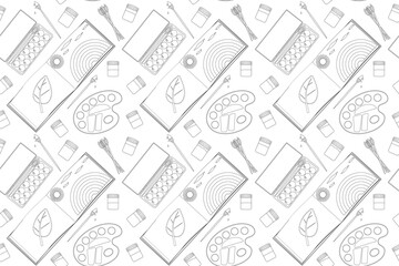 Seamless black and white pattern of art supplies and coloring pages. Ideal for back-to-school designs, coloring books, and educational materials.