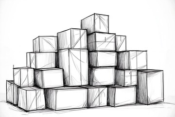 Simple sketch of stacked cardboard boxes, drawn in black and white