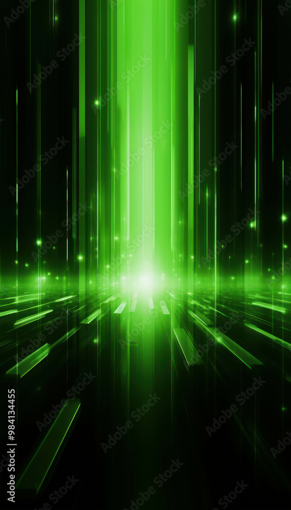Poster emerald data stream: a vibrant symphony of glowing green lines races through a dark digital void, ev