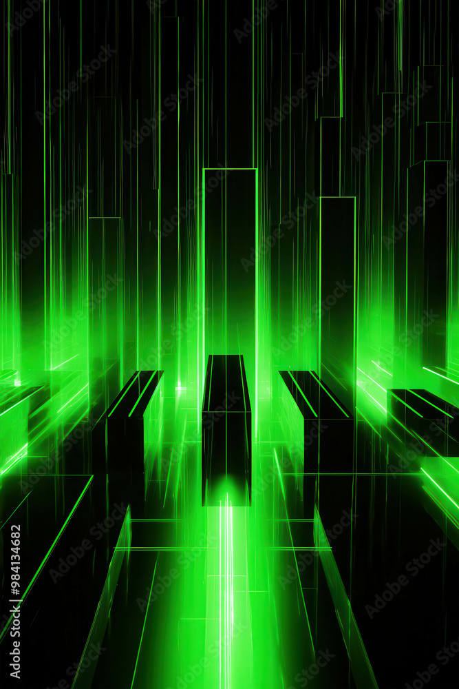 Poster emerald data stream: a vibrant symphony of glowing green lines races through a dark digital void, ev