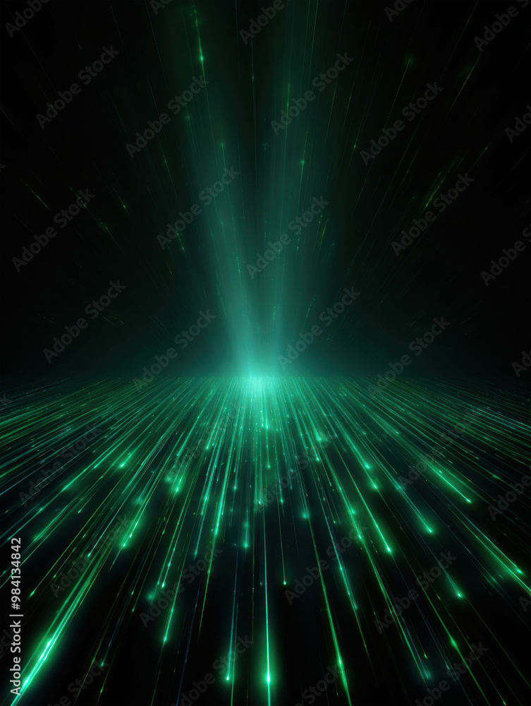 Poster emerald data stream: a mesmerizing spectacle of glowing green data streams converging towards a cent