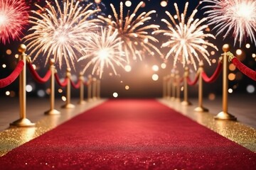 A glamorous red carpet entrance with fireworks and golden poles, where celebrate success leading to the award ceremony