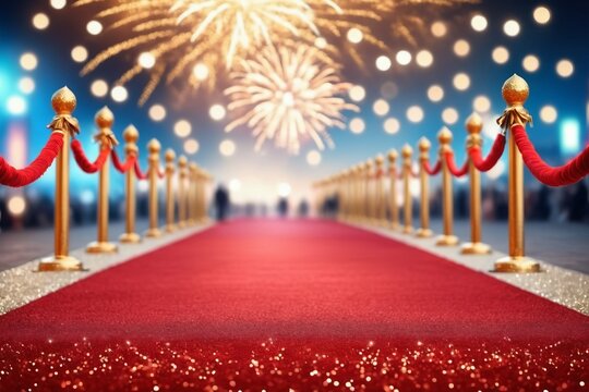 New year's celebration with fireworks lighting up the night sky above a vibrant red carpet - Powered by Adobe