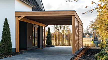 A modern wooden carport attached to a home, featuring clean lines and a stylish design that enhances the homea??s exterior