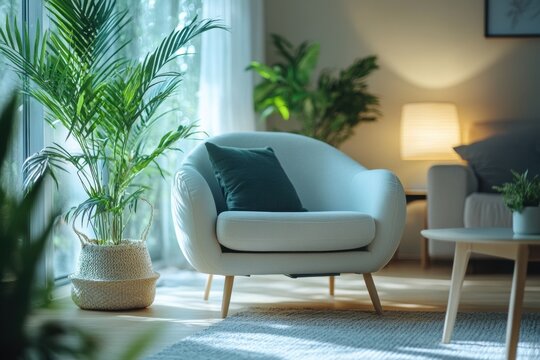 nordic style concept, nordic-inspired interior featuring sleek furniture and greenery, a chic touch for a contemporary lifestyle brand