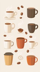 Obraz premium A set of 9 illustrated coffee cups with steam and coffee beans.