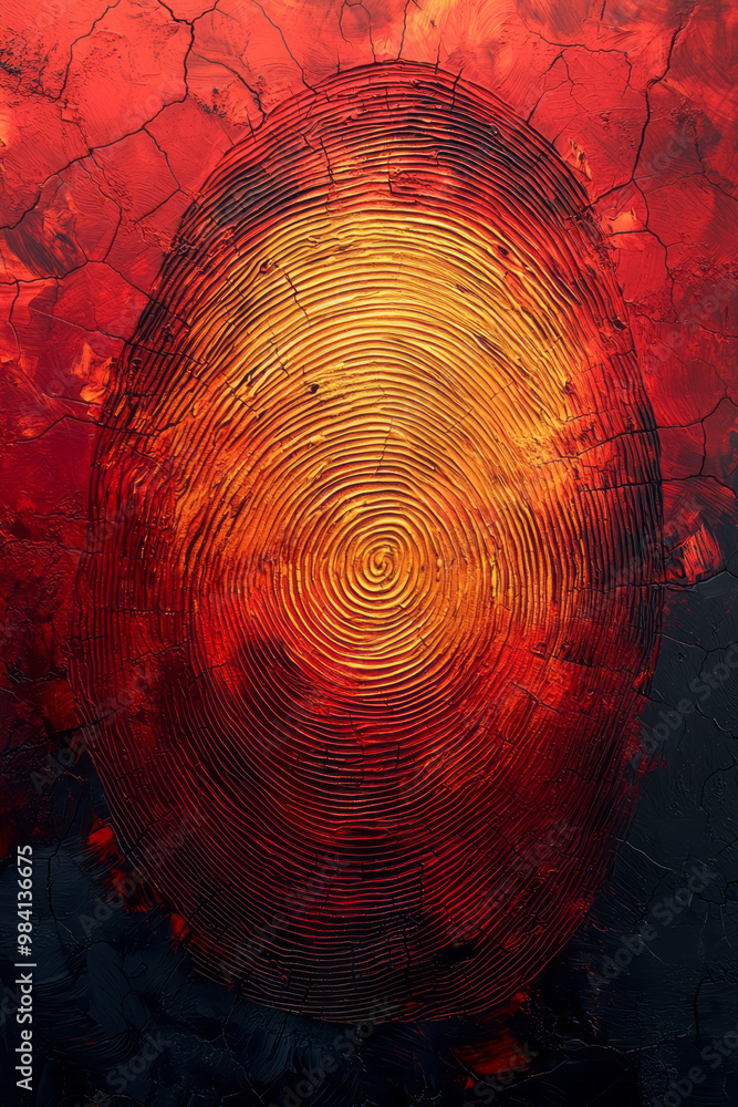 Poster a dynamic fingerprint pattern in radiant red and yellow,