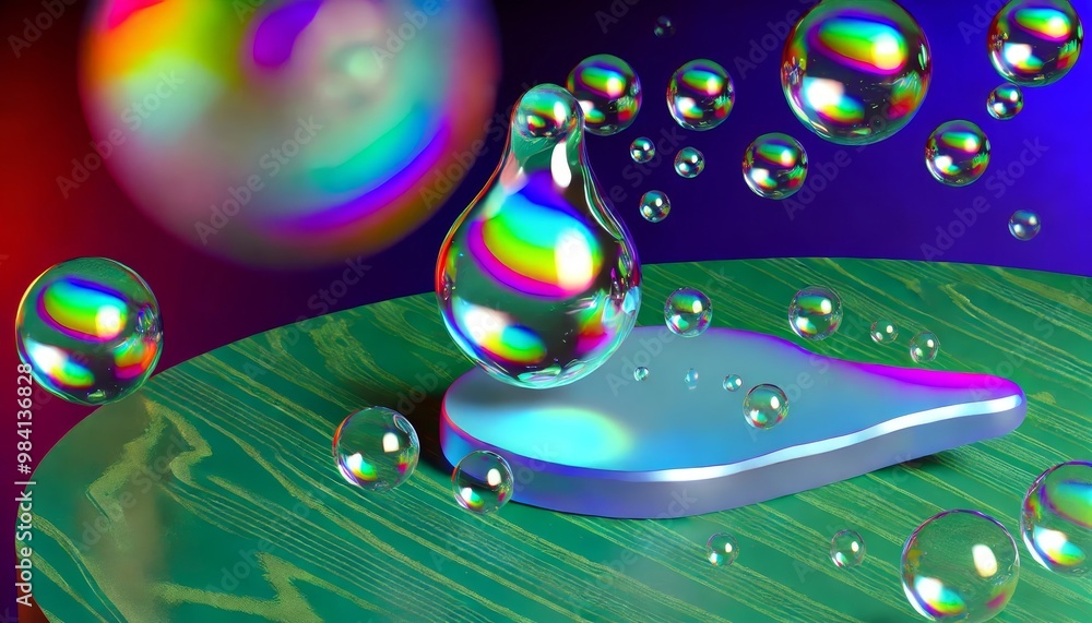 Poster 3d rainbow drops and bubbles floating over green textured surface on bright background