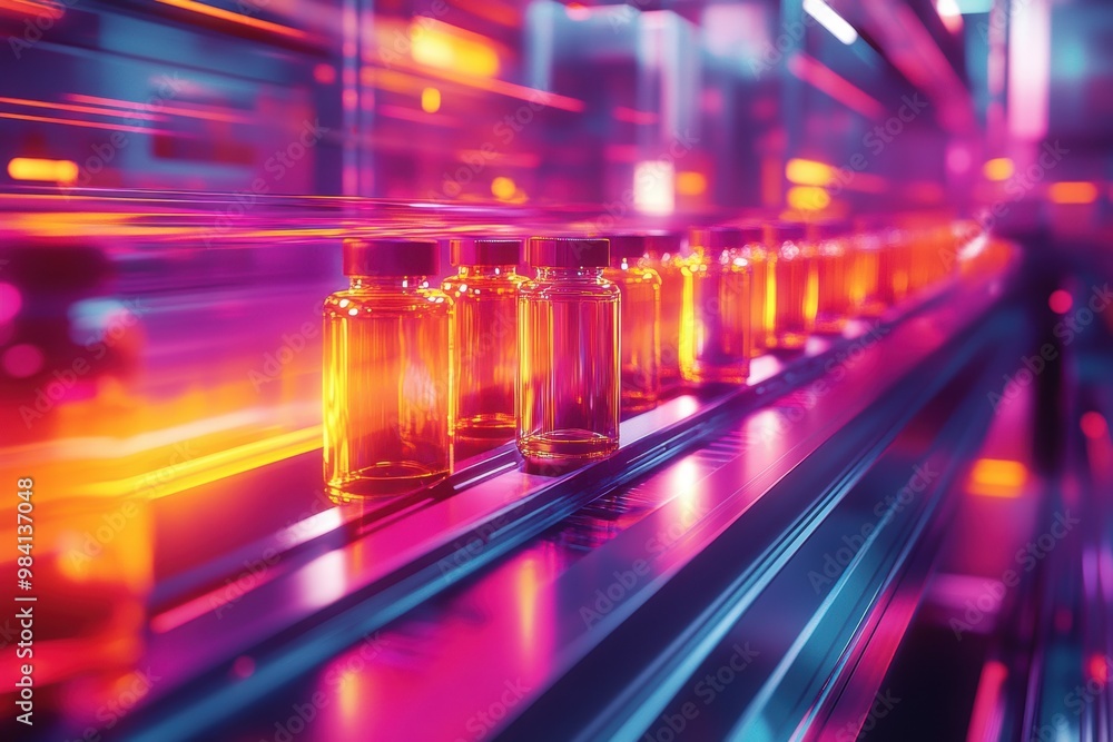 Poster factory automation, dynamic banner design featuring bottles smoothly gliding on conveyors, embodying