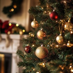 Christmas Tree with Gold and Red Ornaments