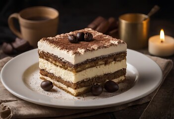 A piece of Traditional Italian dessert Tiramisu with berries