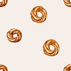 Watercolor bakery seamless bun pattern.
