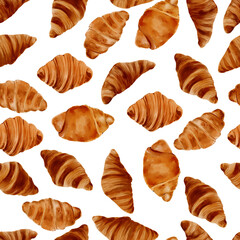 Watercolor bakery seamless croissant pattern.
