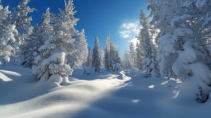Snow-covered forest under a clear blue sky, with tall pines and firs
