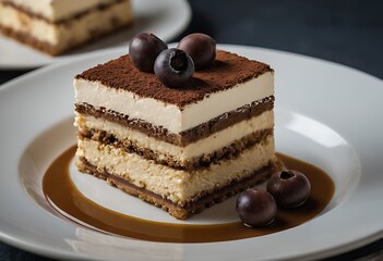 A piece of Traditional Italian dessert Tiramisu with berries