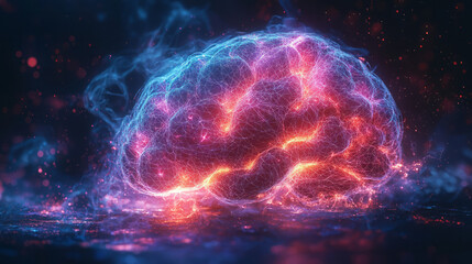 An abstract brain made of colorful wireframe lines in shades of electric blue and pink,