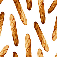 Watercolor bakery seamless baguette pattern.