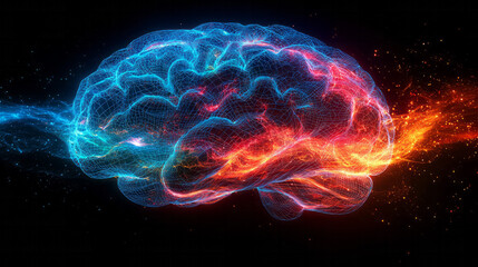 A neon-colored wireframe brain with colorful lines crisscrossing in shades of red, blue, and green,