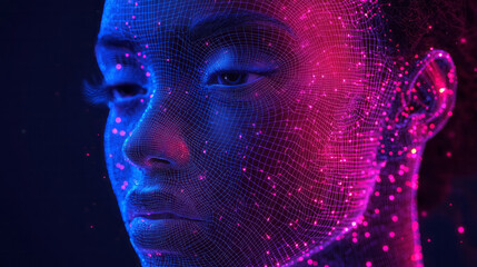 A glowing wireframe human head in neon blue and purple lines,