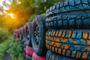 Obraz premium Colorful Stacked Tires in Nature Amidst Sunlight - Recycled Materials, Eco-Friendly Design, Outdoor Art