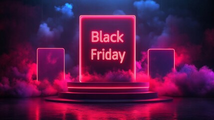 Neon Black Friday Sale sign in dark lights with a glowing platform. Podium stand for promotions