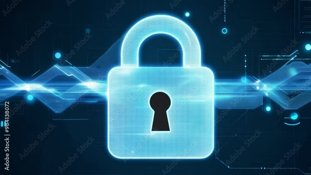 Poster A metallic padlock is prominently displayed against a backdrop of glowing blue circuit patterns, symbolizing cybersecurity and data protection in the digital age.
