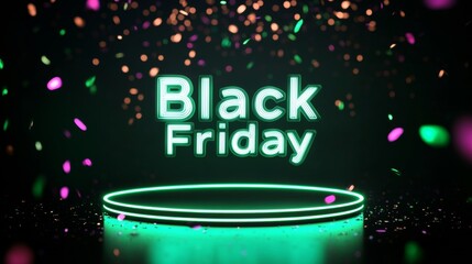 Neon Black Friday Sale sign in dark lights with a glowing platform. Podium stand for promotions