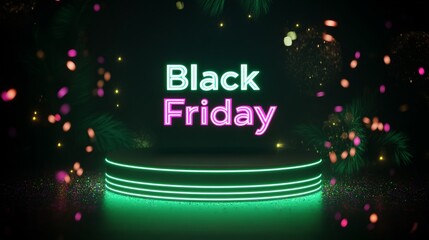 Neon Black Friday Sale sign in dark lights with a glowing platform. Podium stand for promotions