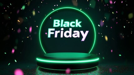 Neon Black Friday Sale sign in dark lights with a glowing platform. Podium stand for promotions