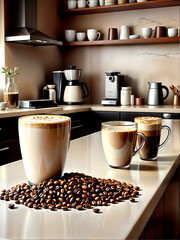 Obraz premium A serene kitchen showcases three distinct coffee drinks on a countertop surrounded by roasted coffee beans, illuminated by warm morning light