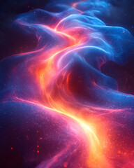 Radiant neon light waves in bright red and blue swirling across a dark background,