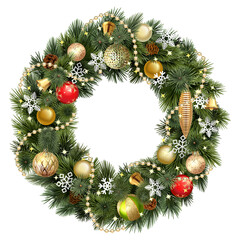 Vector Christmas Pine Fluffy Wreath with Golden Beads isolated on white background © dashadima
