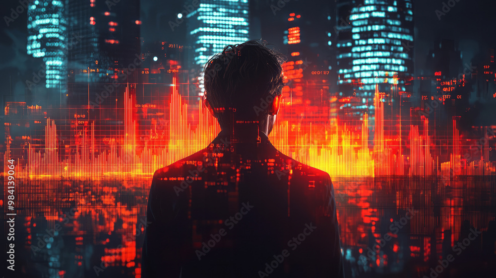 Poster a focused business leader standing in front of a group, with glowing charts and financial graphs in 