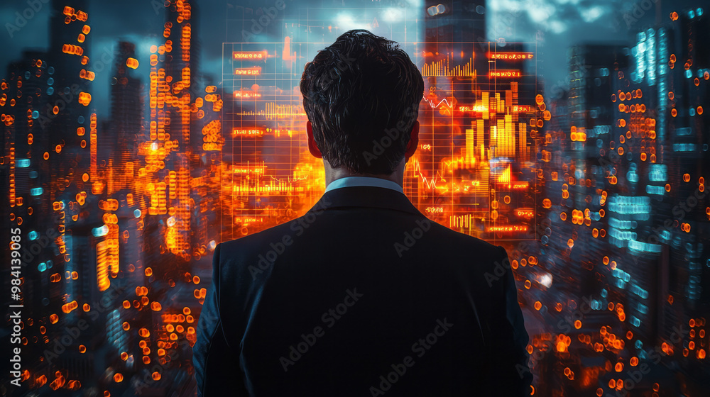 Poster a focused business leader standing in front of a group, with glowing charts and financial graphs in 
