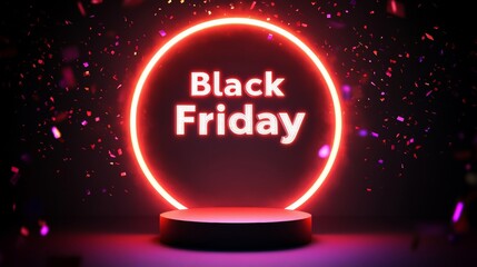 Neon Black Friday Sale sign in dark lights with a glowing platform. Podium stand for promotions